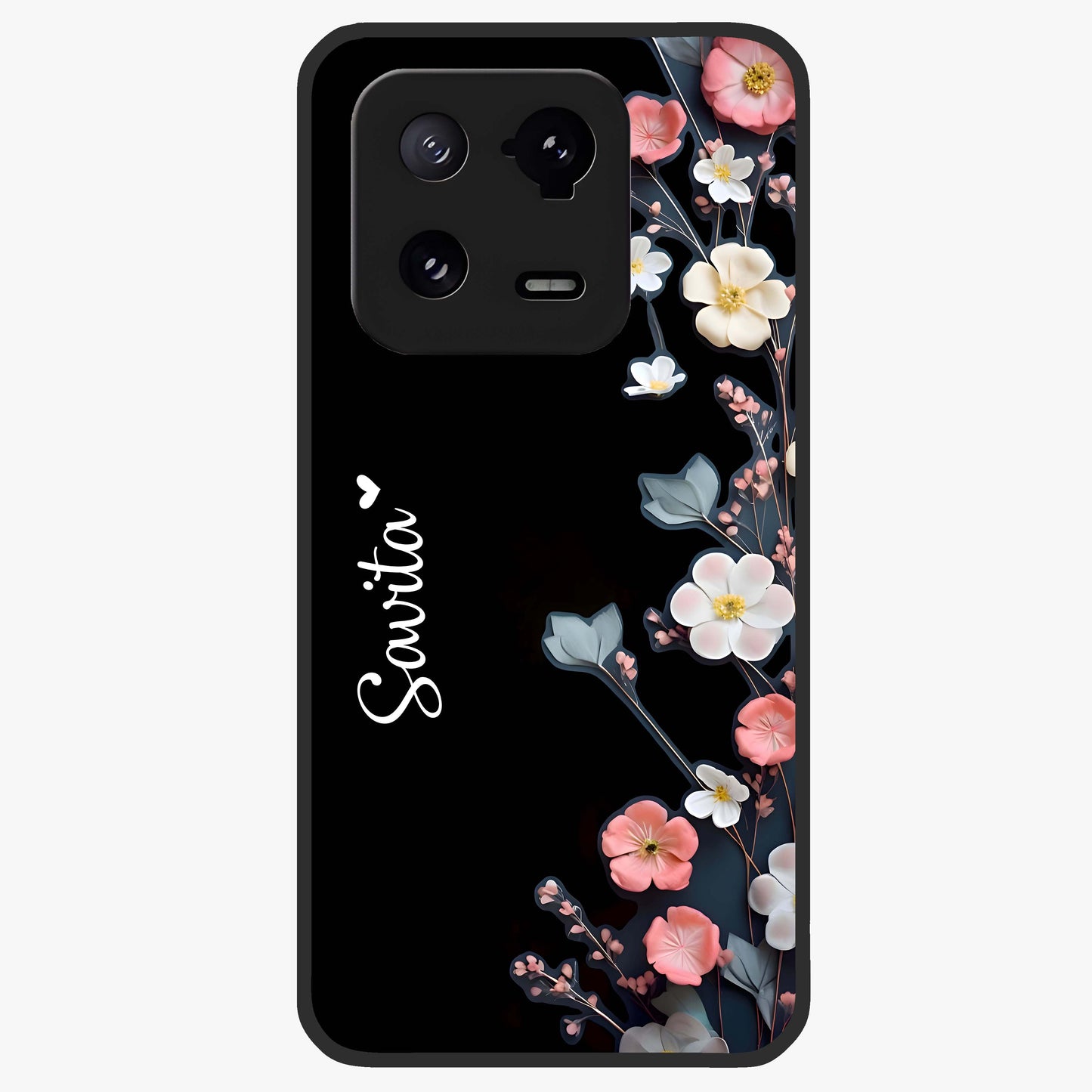 Black Elegance Floral Custom Name Glass Case showing flat back view with elegant floral artwork and personalized name design.
