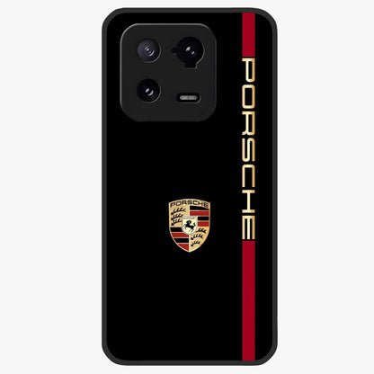 Black Minimal Porsche Glass Case showing flat back view with sleek minimal sports car artwork and glossy glass finish.