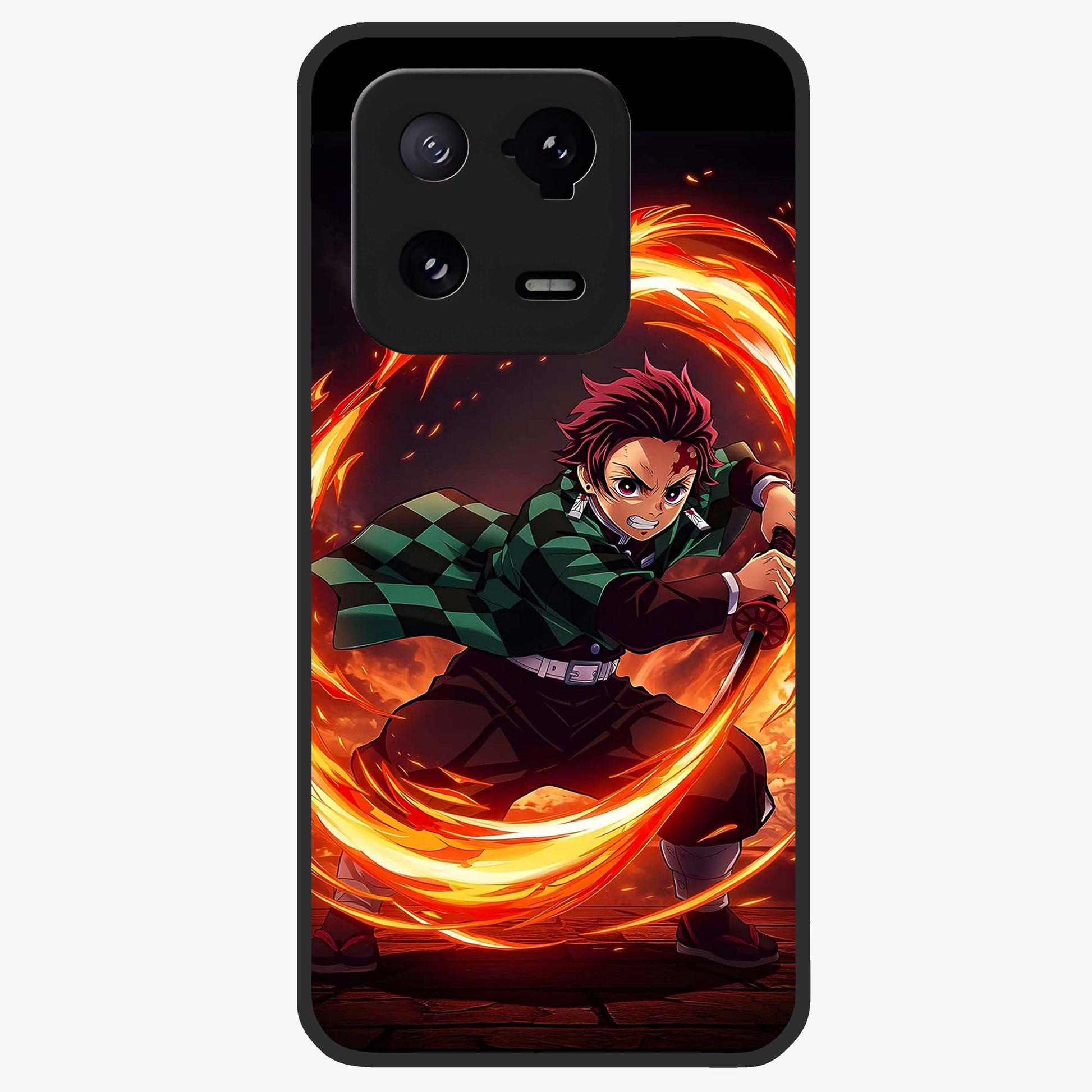 Blazing Sword Resolve Glass Case showing flat back view with fiery sword artwork and glossy glass finish.
