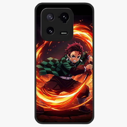 Blazing Sword Resolve Glass Case showing flat back view with fiery sword artwork and glossy glass finish.