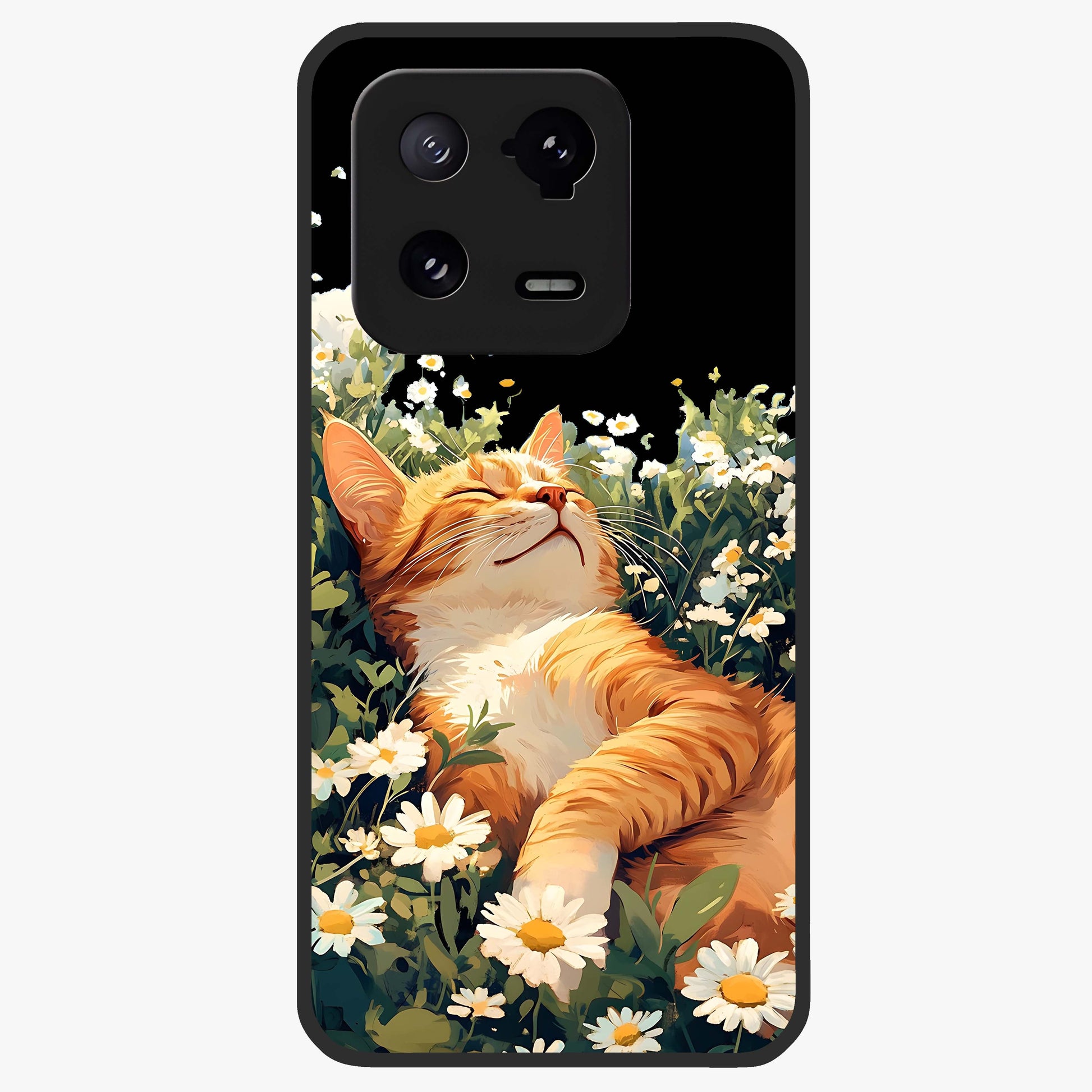 Blissful Bloom Cat Glass Case showing flat back view with cute cat and floral bloom artwork and glossy glass finish.