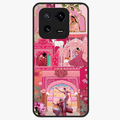 Blossoms of Rajasthan Glass Case showing flat back view with traditional floral artwork inspired by Rajasthan and glossy glass finish.