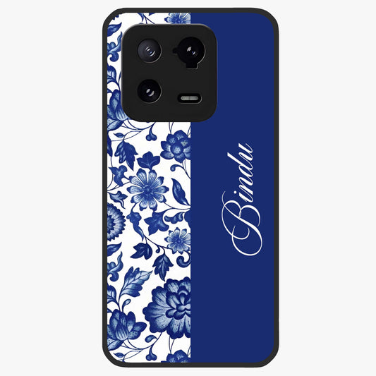 Blue Vintage Floral Pattern Glass Case upright view showcasing timeless floral illustration with vintage inspired style.