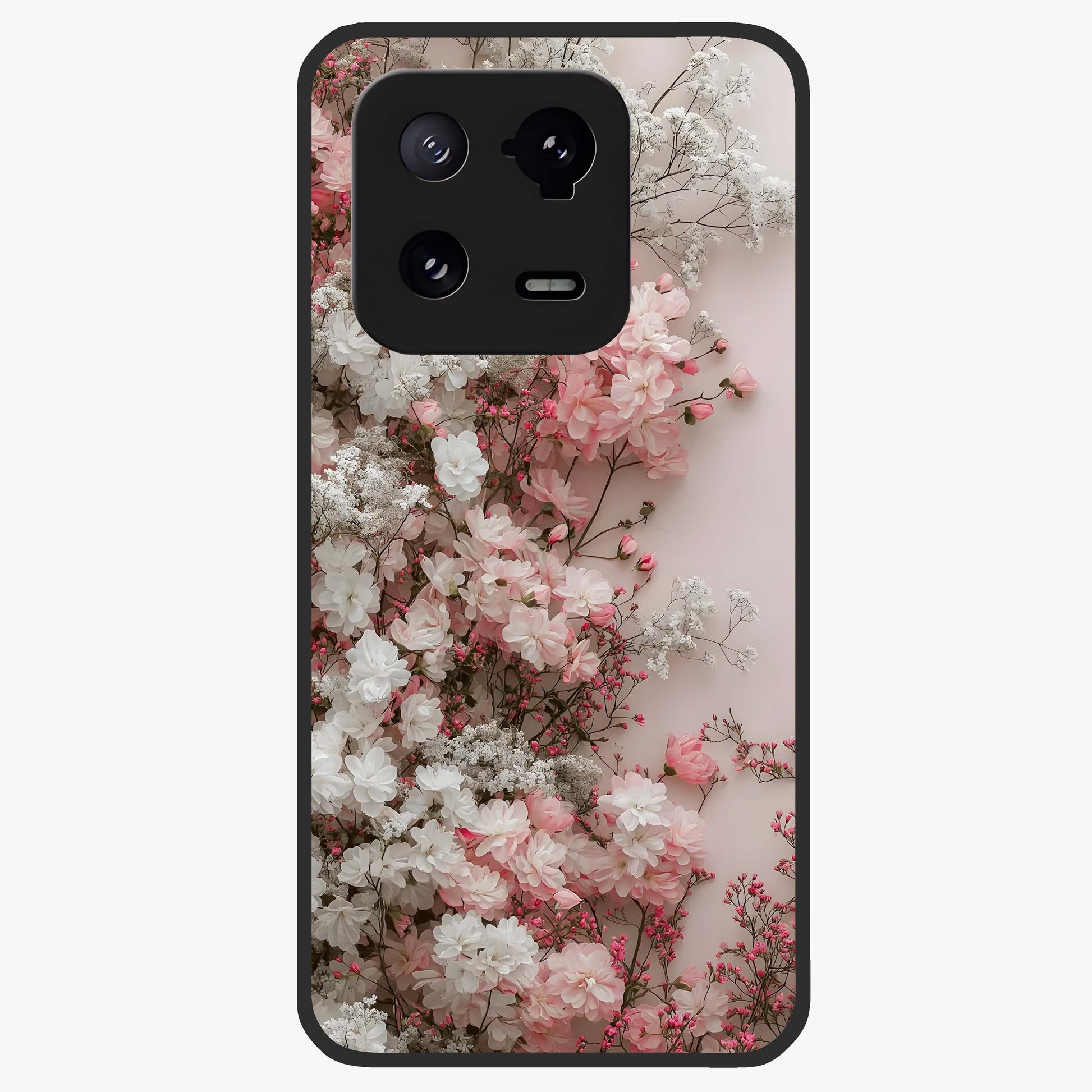Blush Blossom Cloud Glass Case showing flat back view with dreamy blush cloud blossom artwork and glossy glass finish.