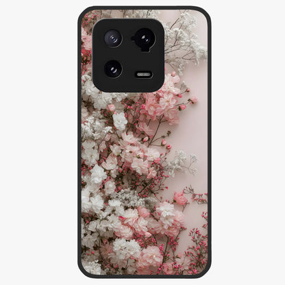 Blush Blossom Cloud Glass Case showing flat back view with dreamy blush cloud blossom artwork and glossy glass finish.