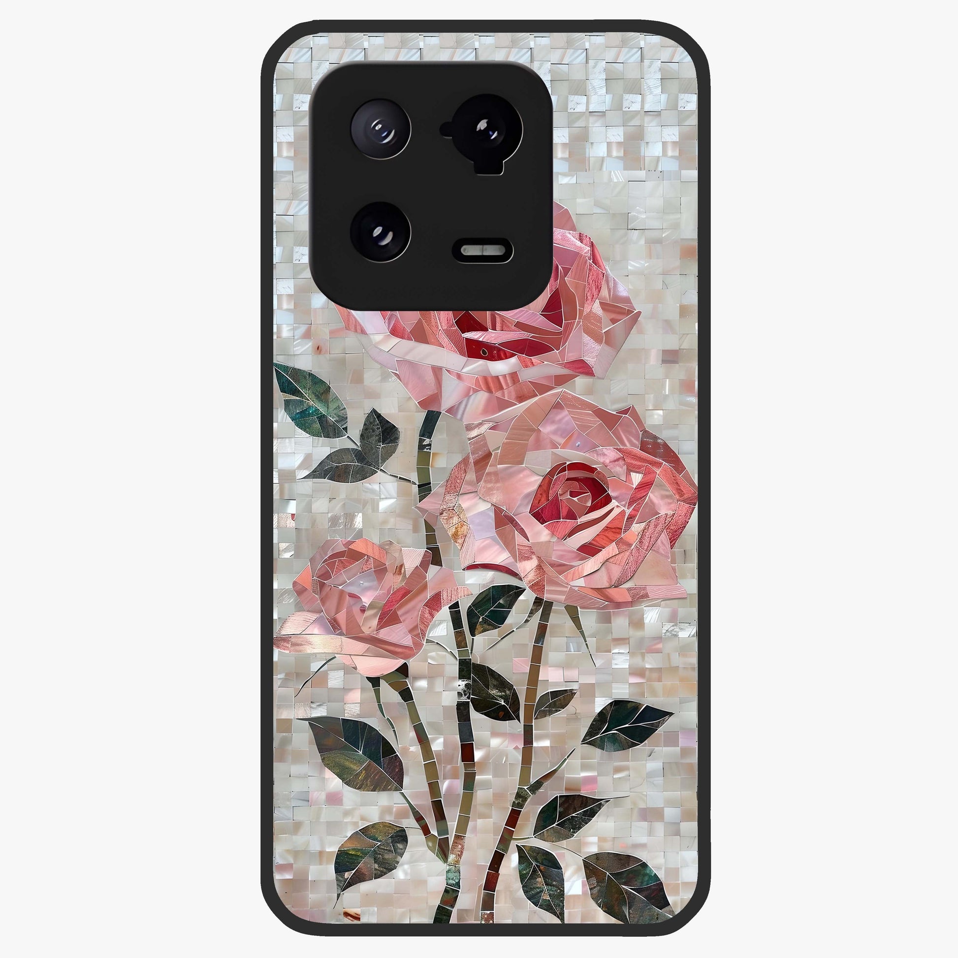 Blush Mosaic Bloom Glass Case showing flat back view with mosaic floral bloom artwork and glossy glass finish.