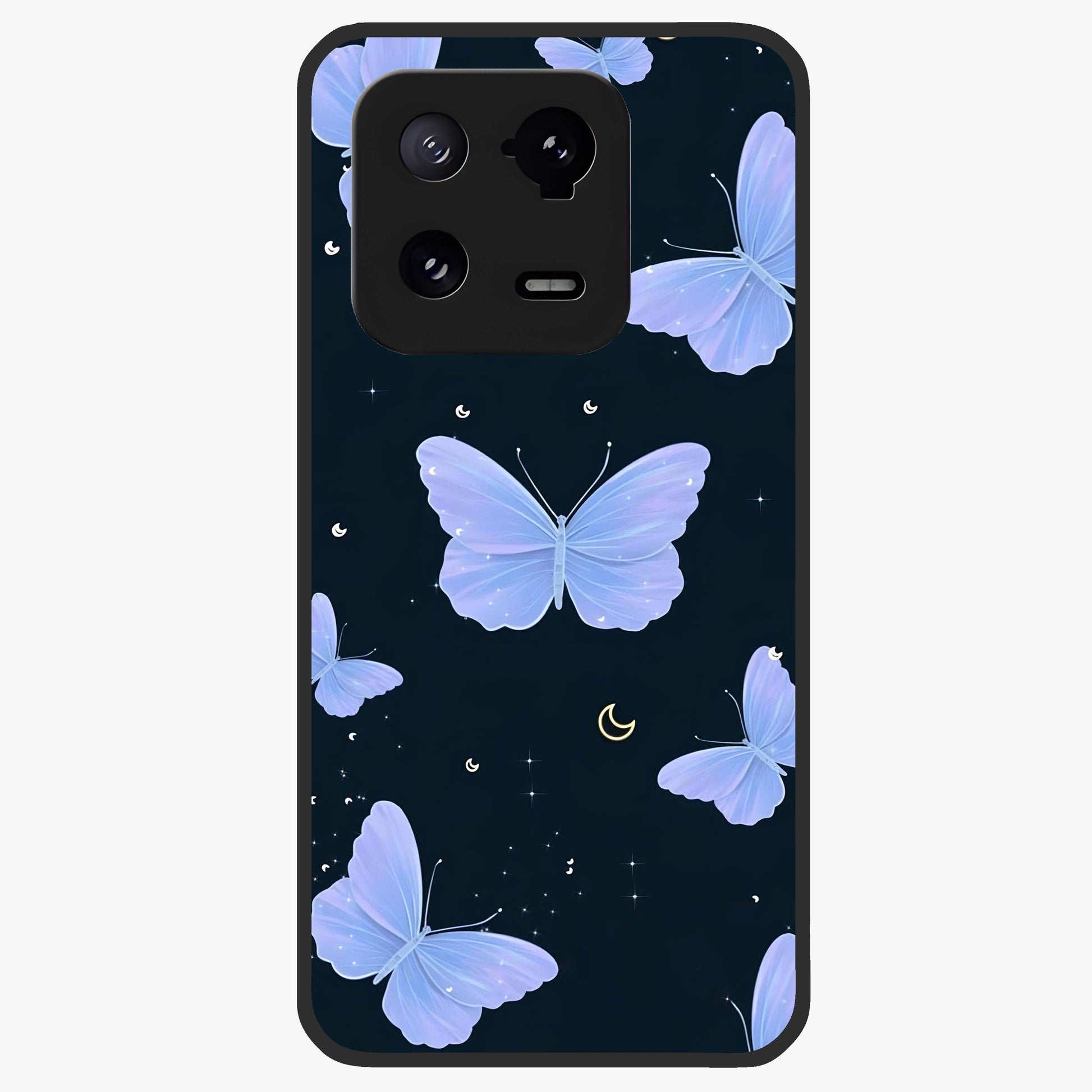 Butterfly With Stars Pattern Glass Case showing flat back view with butterfly and star pattern artwork and glossy glass finish.
