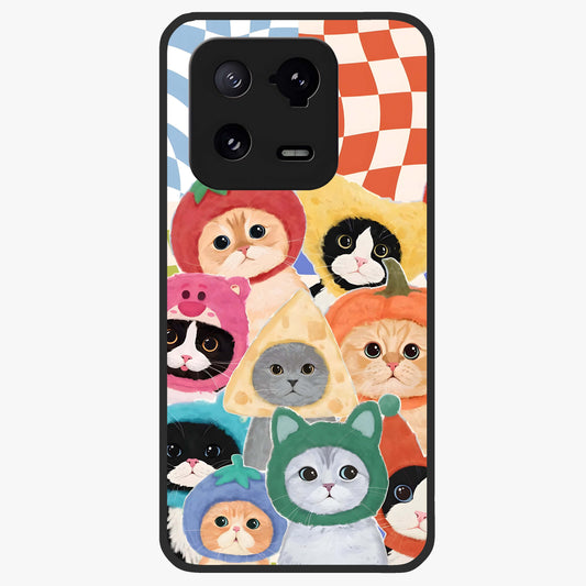 Cats in Fruits Glass Case showing flat back view with playful cat illustrations inside fruit artwork and glossy glass finish.