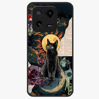 Celestial Black Cat Glass Case showing flat back view with mystical black cat artwork and glossy glass finish.
