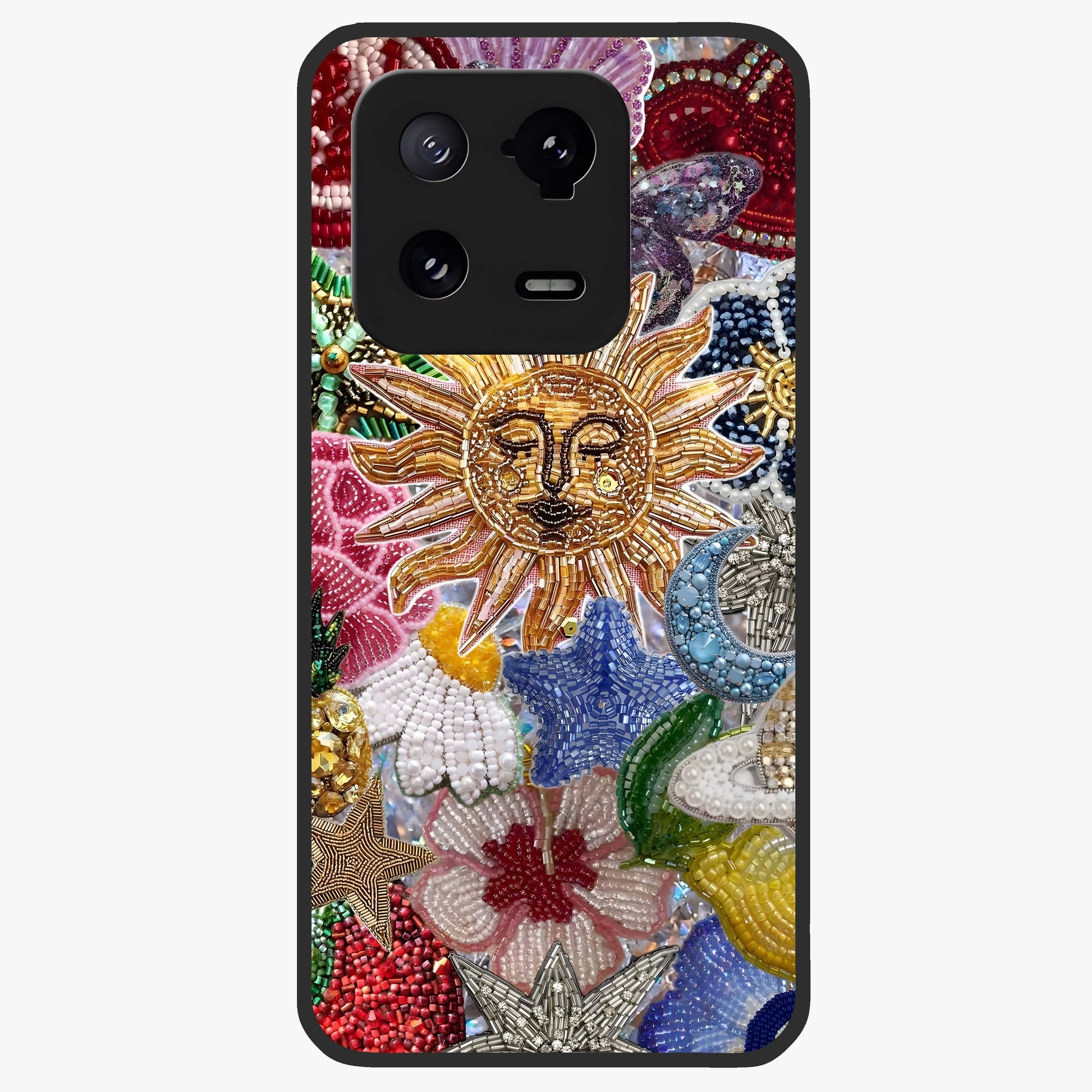 Celestial Floral and Playful Glass Case showing flat back view with floral and celestial themed artwork and glossy glass finish.
