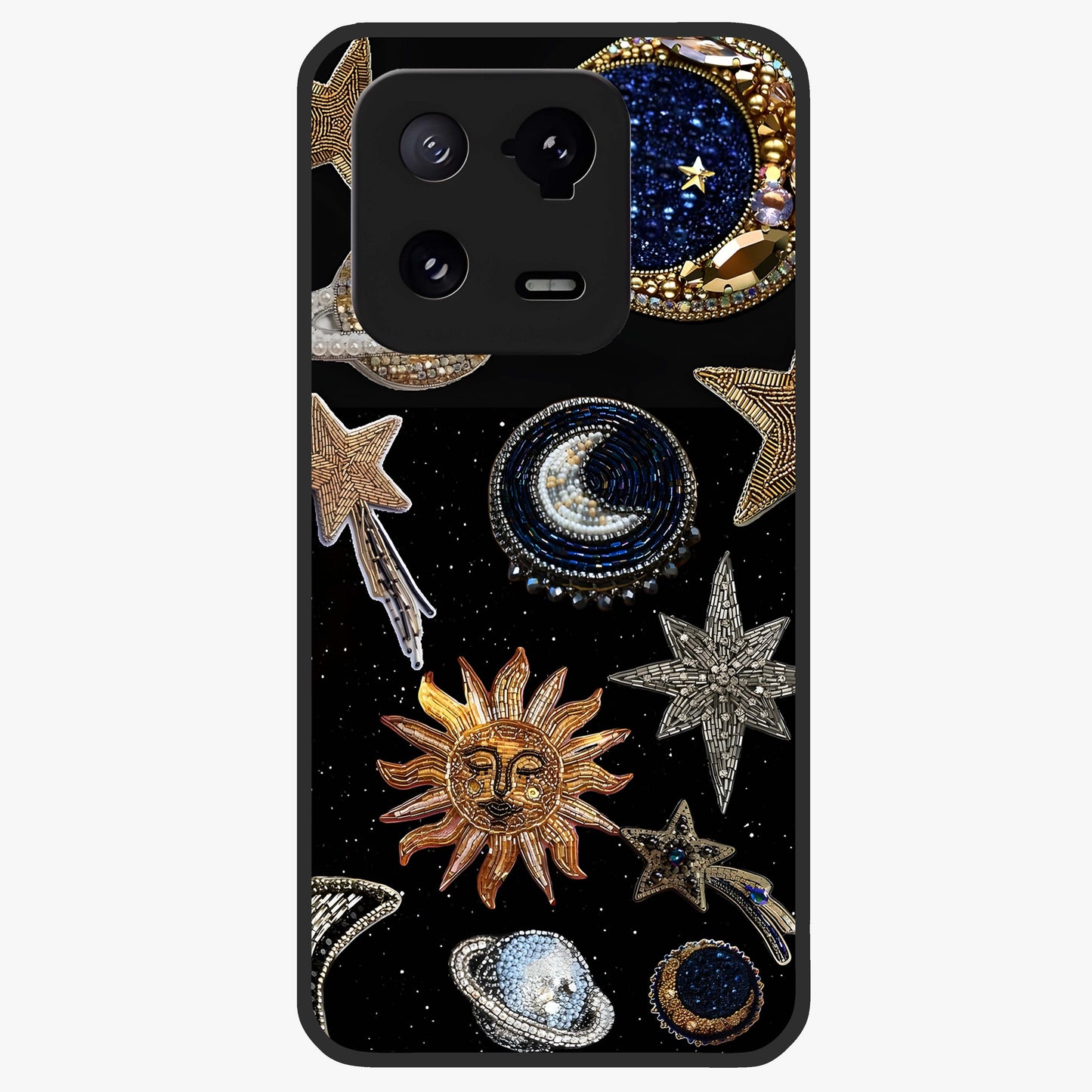 Celestial Gem Constellations Glass Case showing flat back view with sparkling constellation artwork and glossy glass finish.