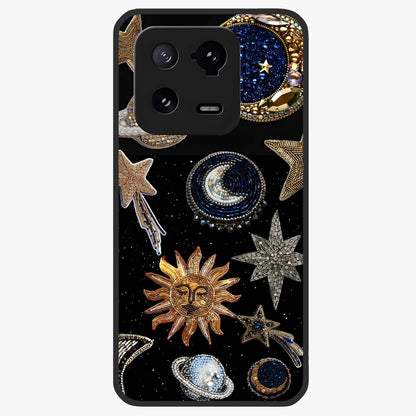 Celestial Gem Constellations Glass Case showing flat back view with sparkling constellation artwork and glossy glass finish.