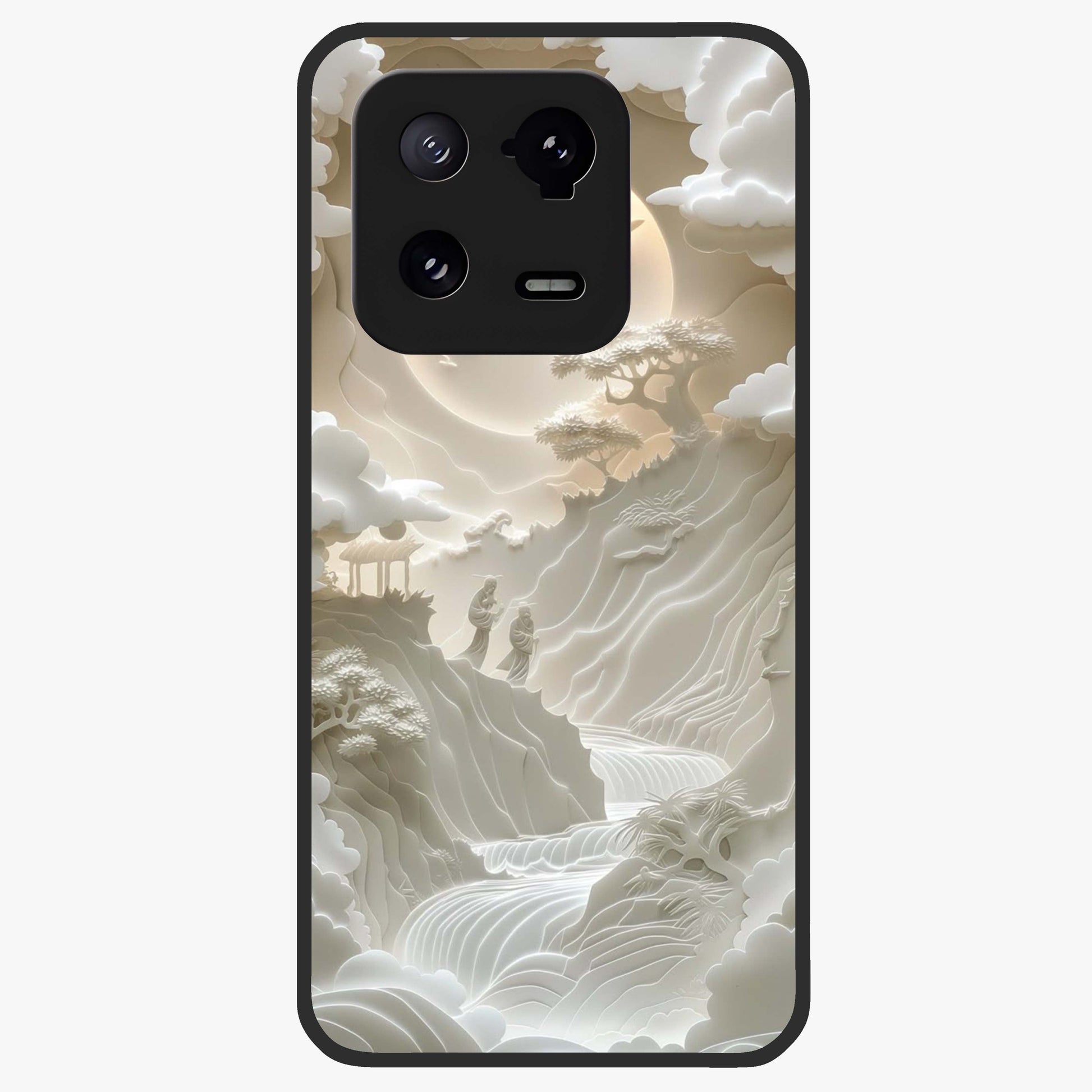 Celestial Origami Glass Case showing flat back view with artistic origami inspired celestial artwork and glossy glass finish.