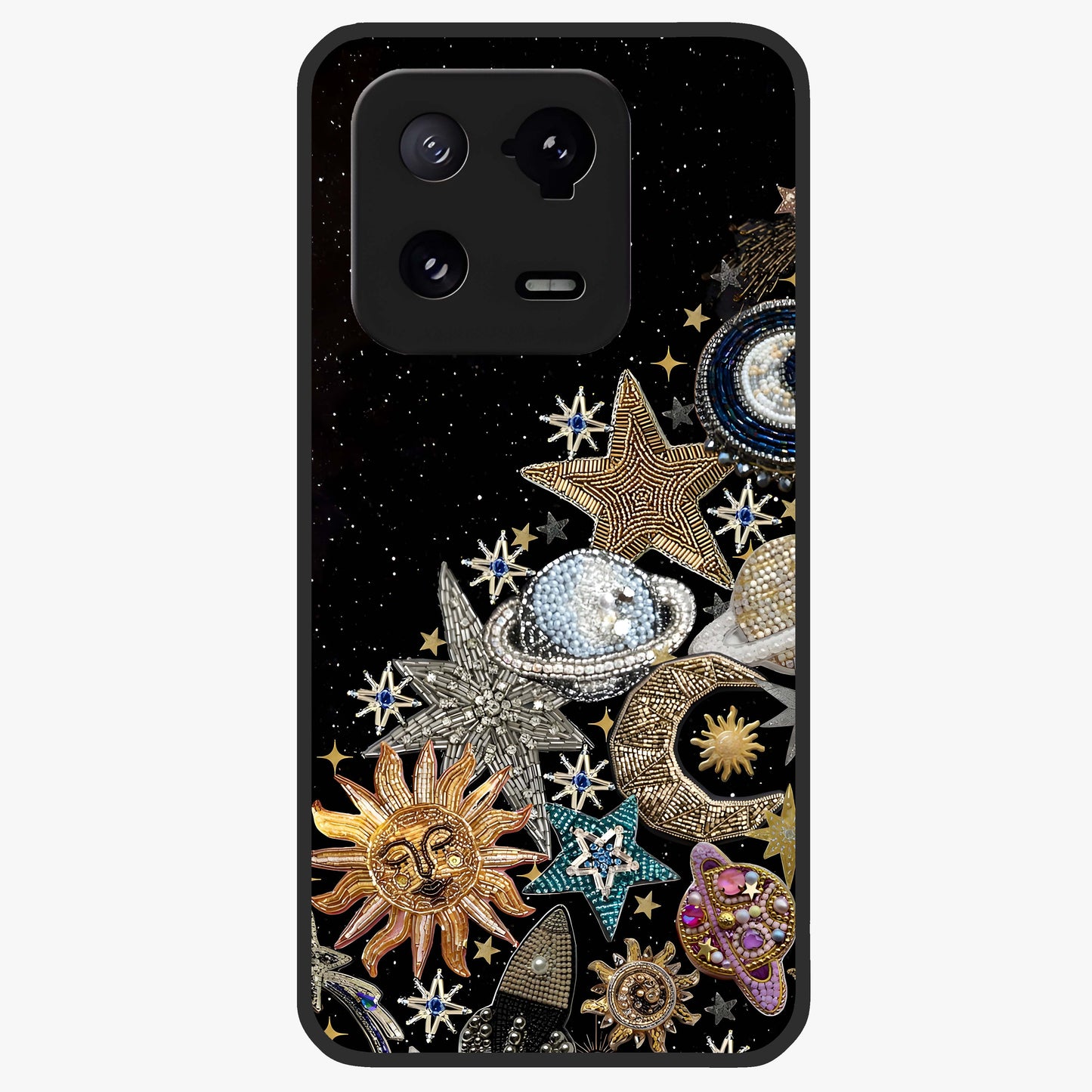 Cosmic Sparkle Dreams Glass Case showing flat back view with sparkling cosmic artwork and glossy glass finish.