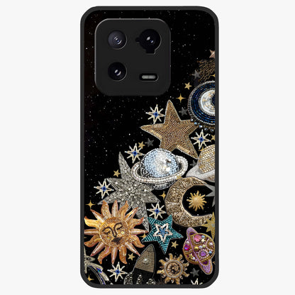 Cosmic Sparkle Dreams Glass Case showing flat back view with sparkling cosmic artwork and glossy glass finish.
