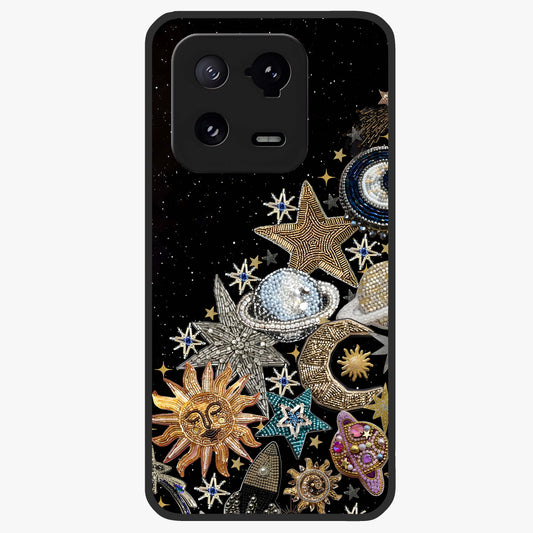 Cosmic Sparkle Dreams Glass Case showing flat back view with sparkling cosmic artwork and glossy glass finish.