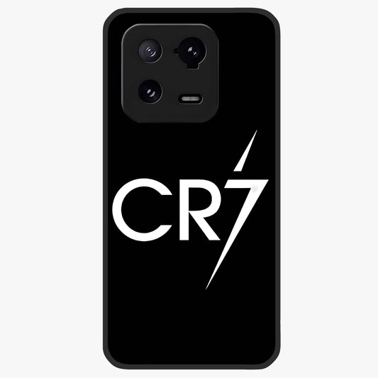 Cr7 Elite Strike Glass Case showing flat back view with dynamic football inspired artwork and glossy glass finish.