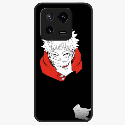 Crimson Chaos Smile Glass Case showing flat back view with bold chaotic smile artwork and glossy glass finish.