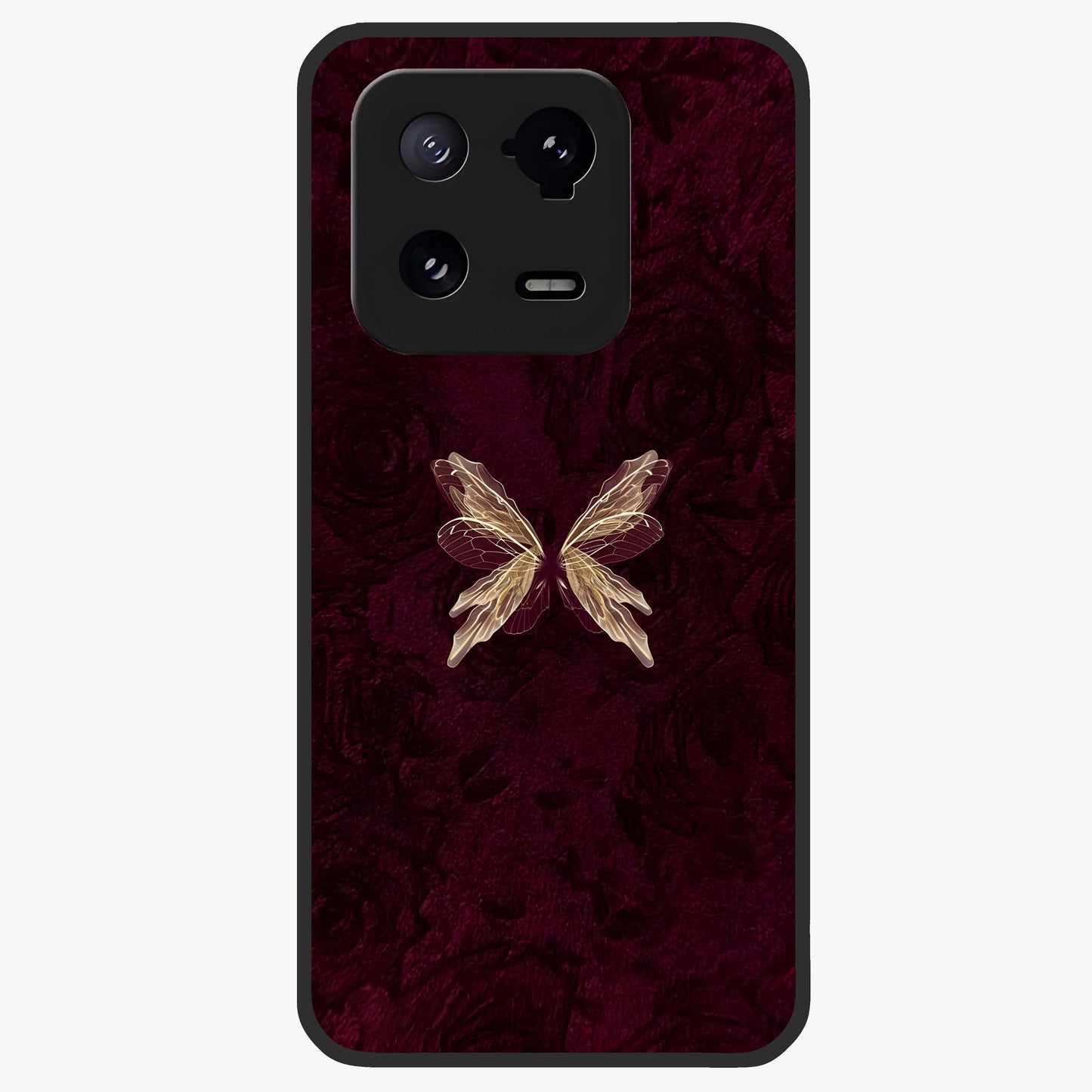 Crimson Fade Butterfly Glass Case showing flat back view with fading butterfly artwork and glossy glass finish.
