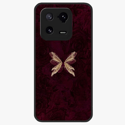 Crimson Fade Butterfly Glass Case showing flat back view with fading butterfly artwork and glossy glass finish.
