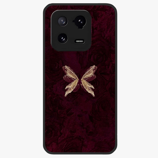 Crimson Fade Butterfly Glass Case showing flat back view with fading butterfly artwork and glossy glass finish.