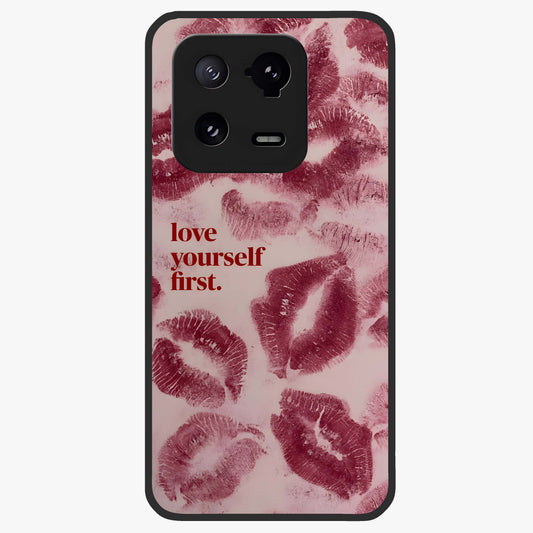 Crimson Kiss Love Glass Case showing flat back view with romantic crimson themed artwork and glossy glass finish.