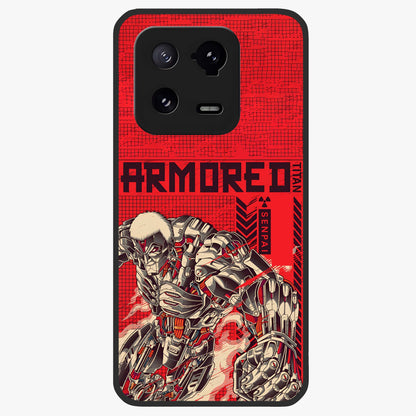 Crimson Mecha Titan Glass Case showing flat back view with powerful mech titan artwork and glossy glass finish.