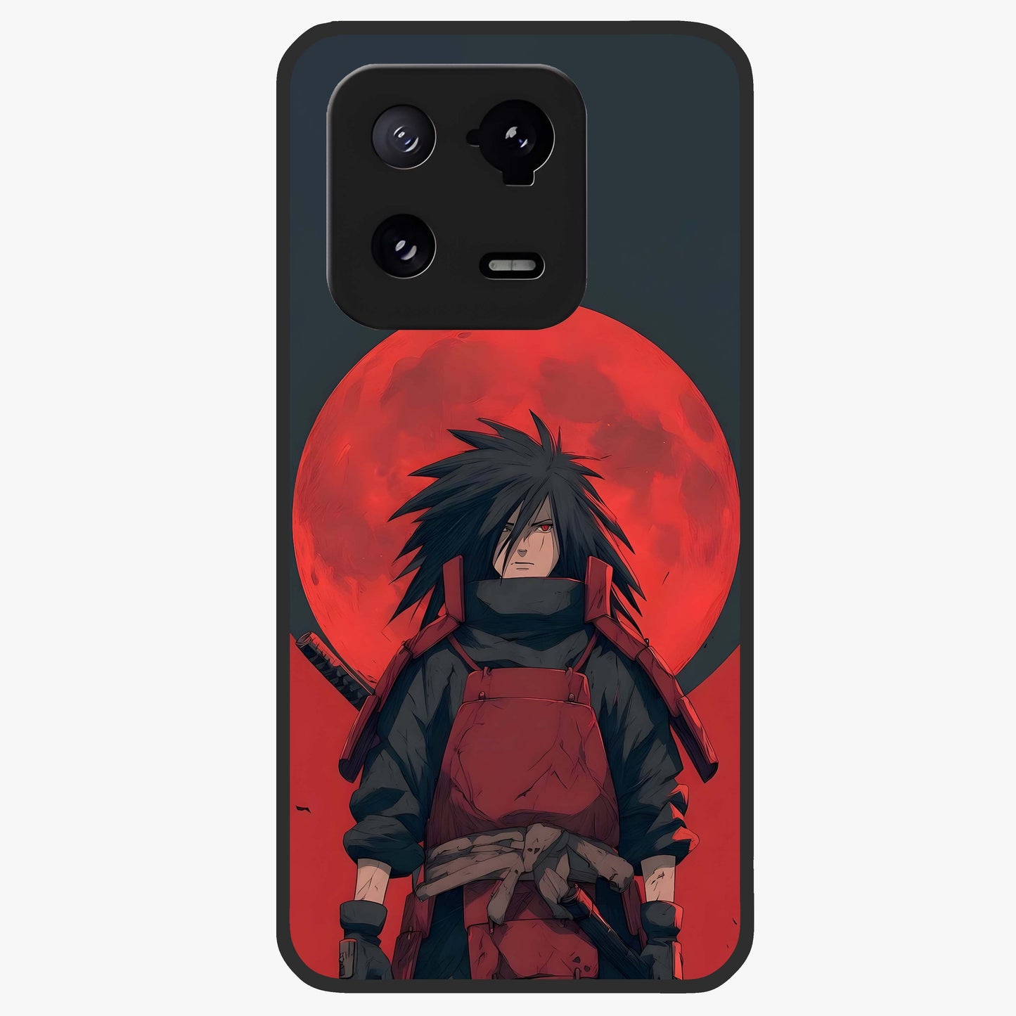 Crimson Moon Warlord Glass Case showing flat back view with mystical moon warrior artwork and glossy glass finish.