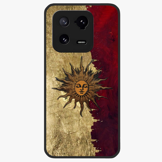 Crimson Sun Majesty Glass Case showing flat back view with radiant sun inspired artwork and glossy glass finish.