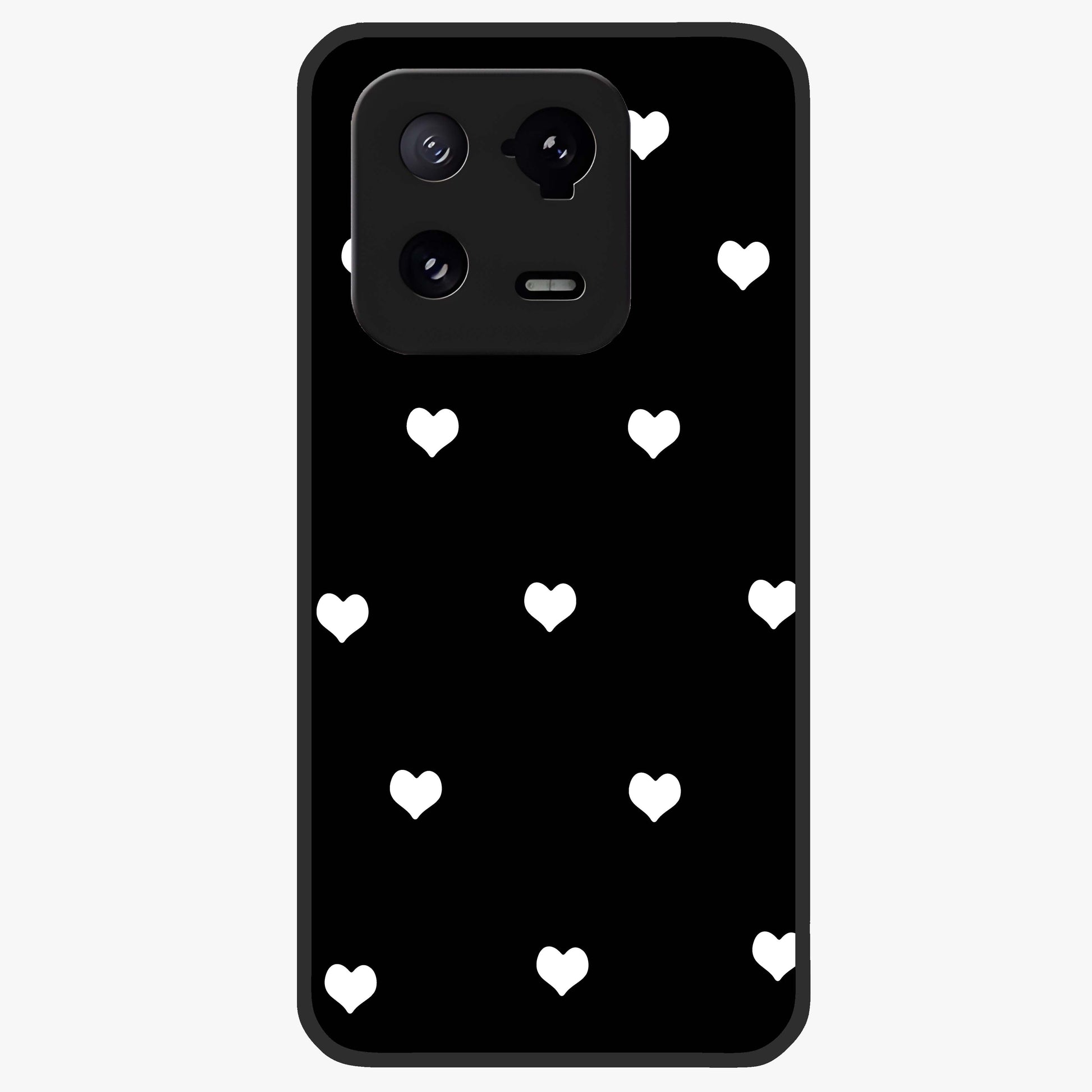 Cute And Simple White Hearts Glass Case showing flat back view with minimal white heart pattern and glossy glass finish.
