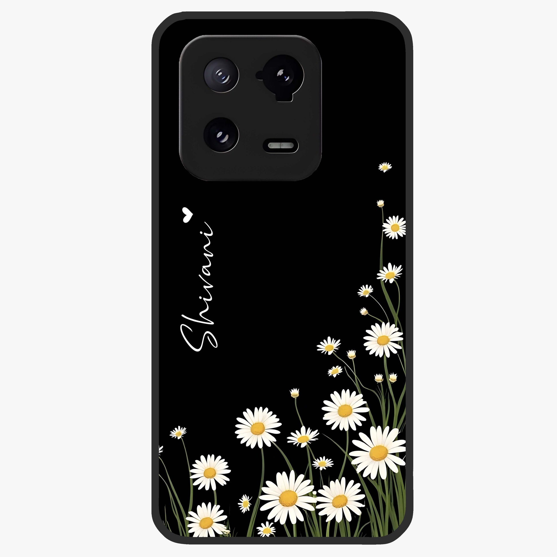 Daisy Cascade Custom Name Glass Case showing flat back view with cascading daisy flowers and personalized name design.