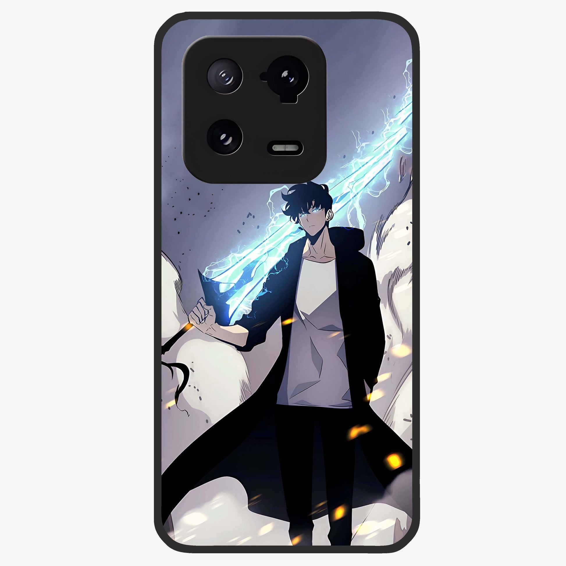 Dark Lightning Anime Warrior Glass Case showing flat back view with intense anime warrior artwork and glossy glass finish.