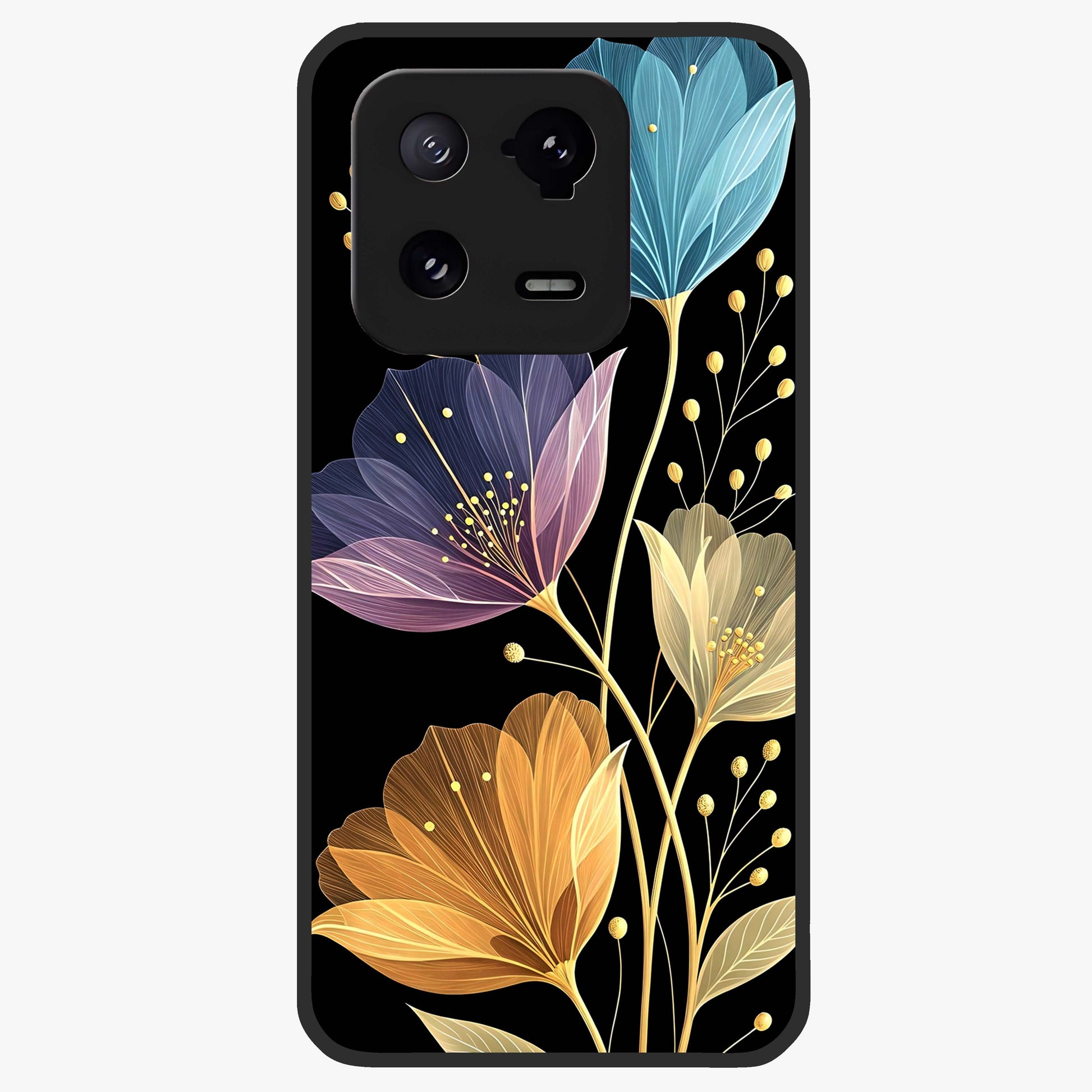 Delicate Multicolor Flowers Glass Case showing flat back view with vibrant floral artwork and glossy glass finish.