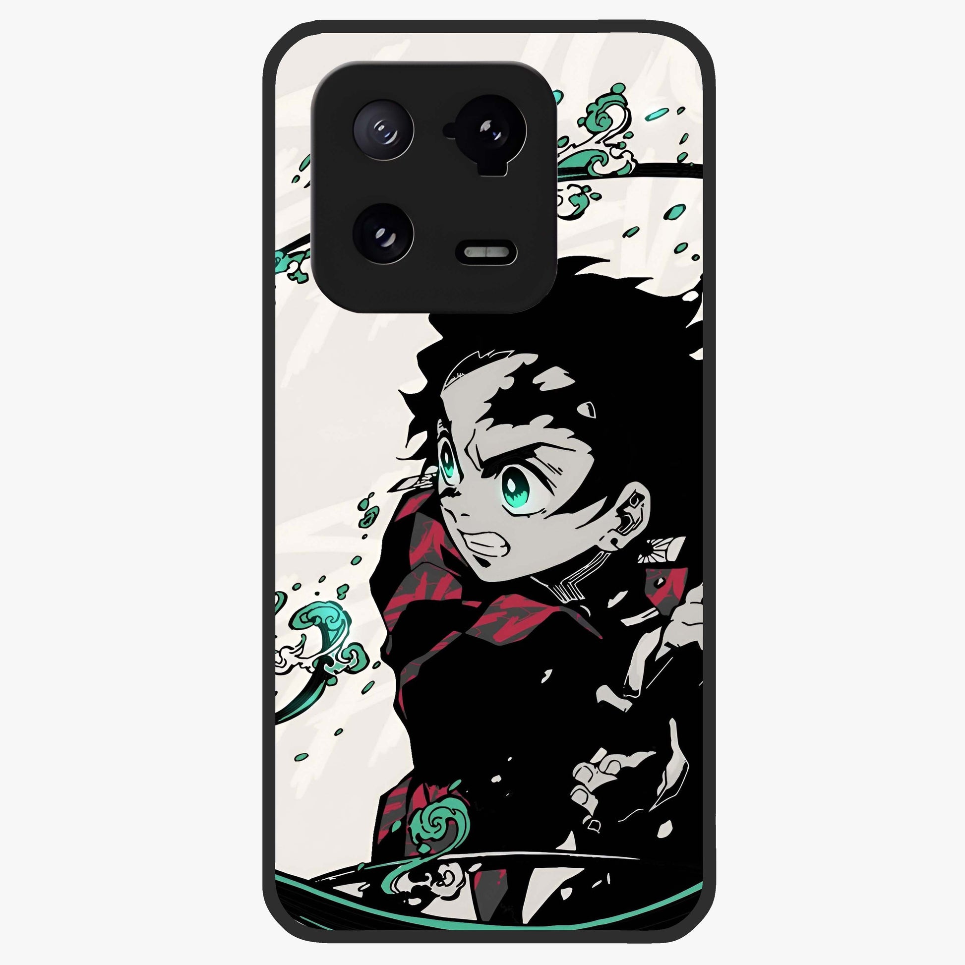 Demon Slayer Glass Case showing flat back view with bold anime inspired artwork and glossy glass finish.