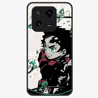 Demon Slayer Glass Case showing flat back view with bold anime inspired artwork and glossy glass finish.