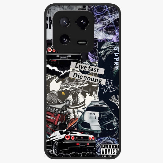 Die Young Glass Case showing flat back view with bold artistic typography design and glossy glass finish.