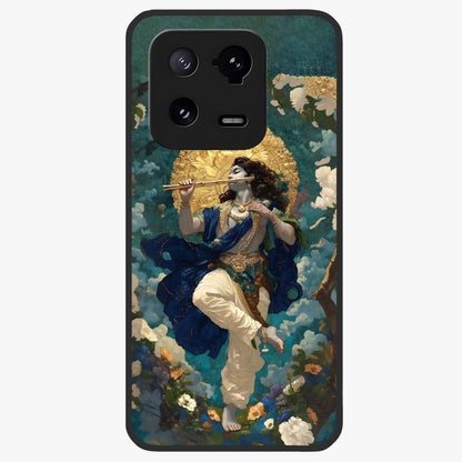 Divine Krishna Art Glass Case showing flat back view with Lord Krishna artwork and glossy glass finish.