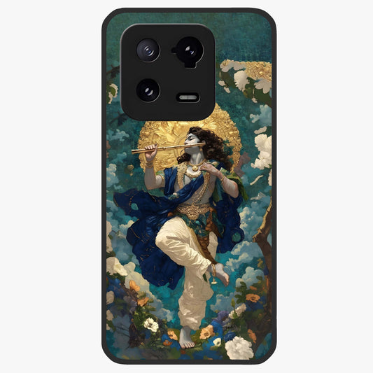 Divine Krishna Art Glass Case showing flat back view with Lord Krishna artwork and glossy glass finish.