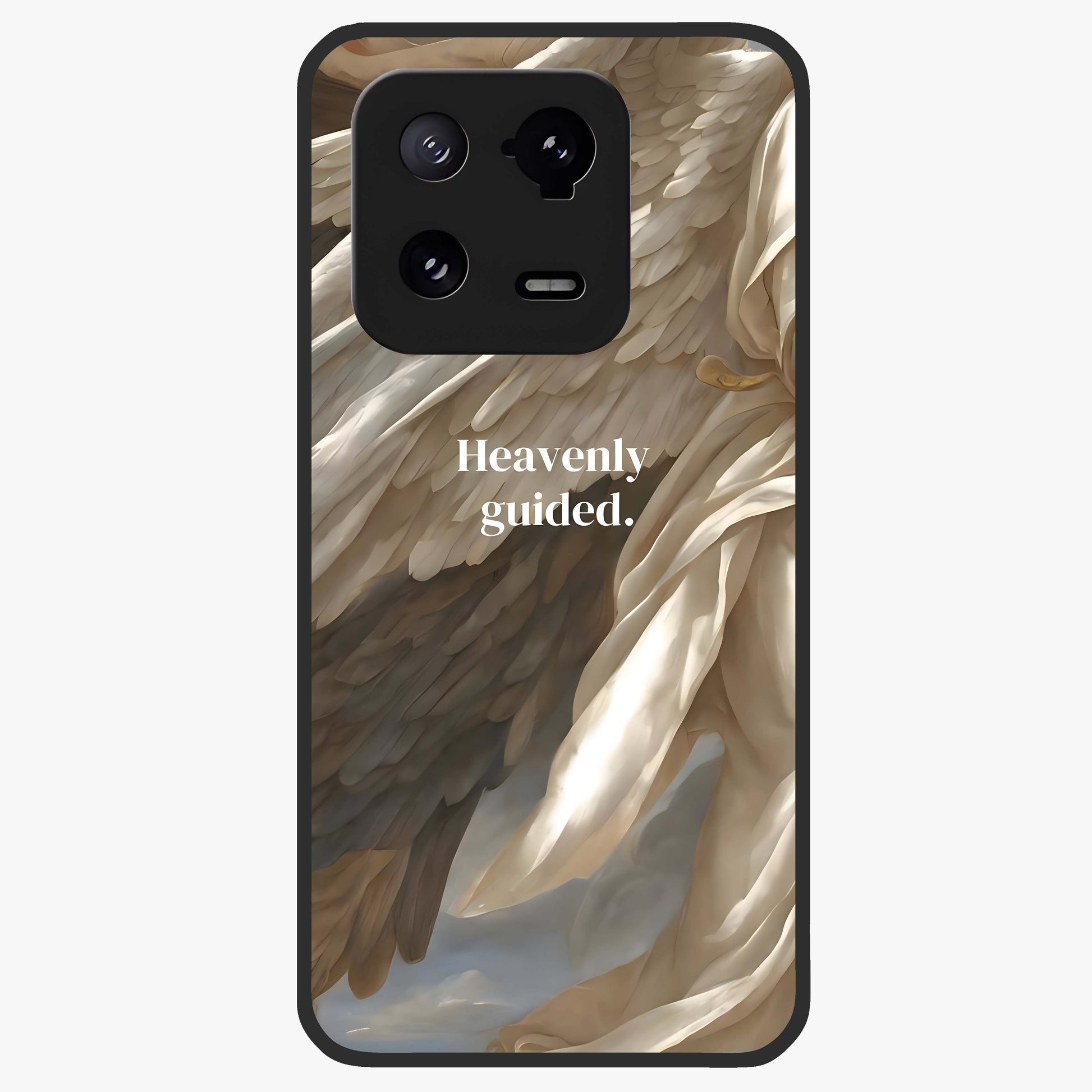 Divine Winged Grace Glass Case showing flat back view with elegant wing inspired artwork and glossy glass finish.