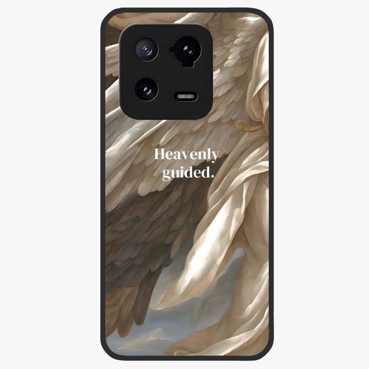 Divine Winged Grace Glass Case showing flat back view with elegant wing inspired artwork and glossy glass finish.