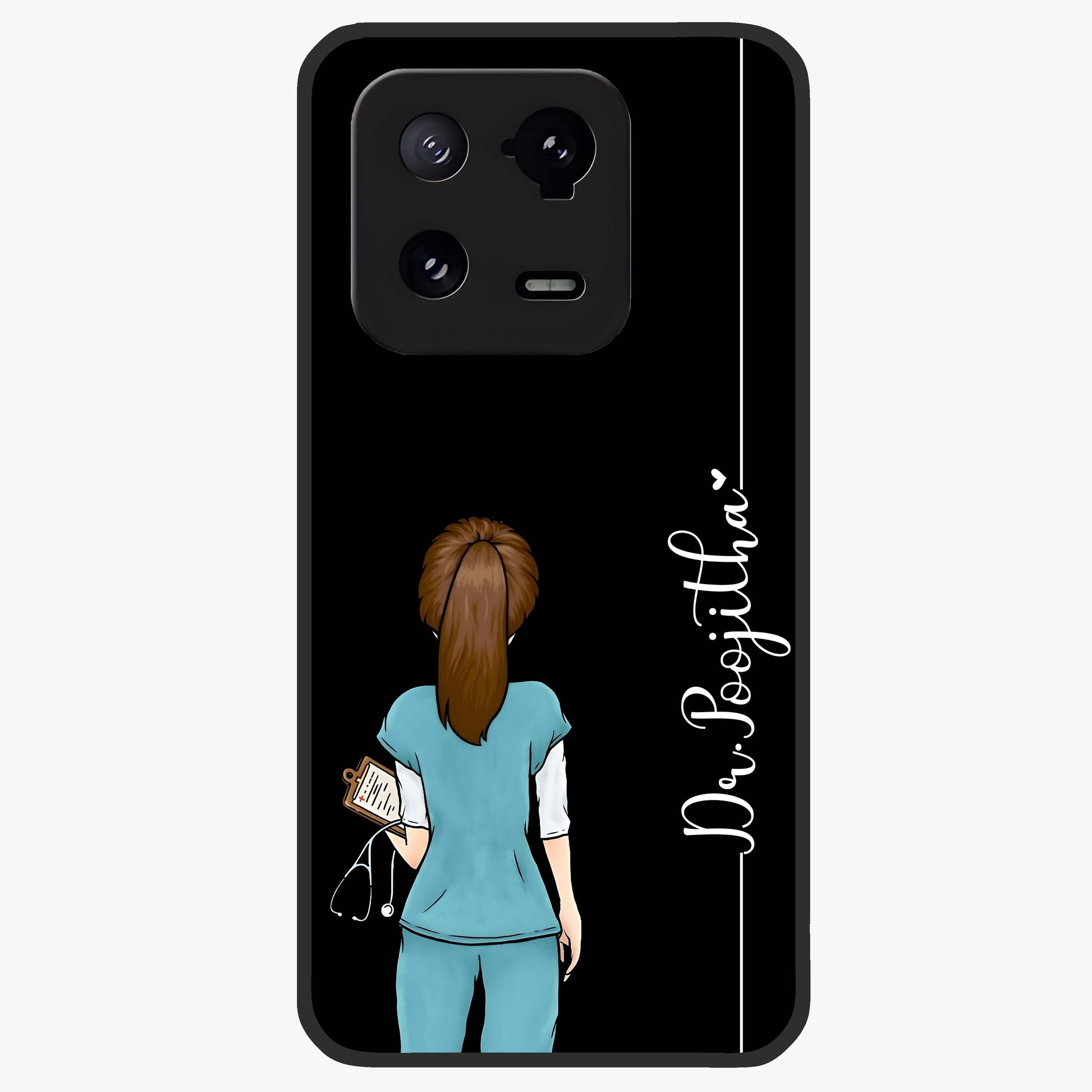 Doctor Pattern Custom Name Glass Case showing flat back view with medical themed pattern and personalized name design.