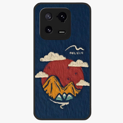 Dream Beyond Mountains Glass Case showing flat back view with scenic mountain landscape artwork and glossy glass finish.