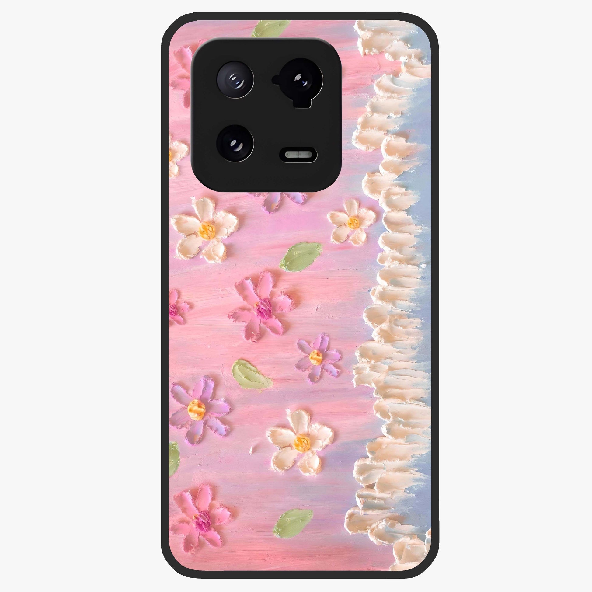 Dreamy Painted Garden Glass Case showing flat back view with artistic painted floral garden artwork and glossy glass finish.