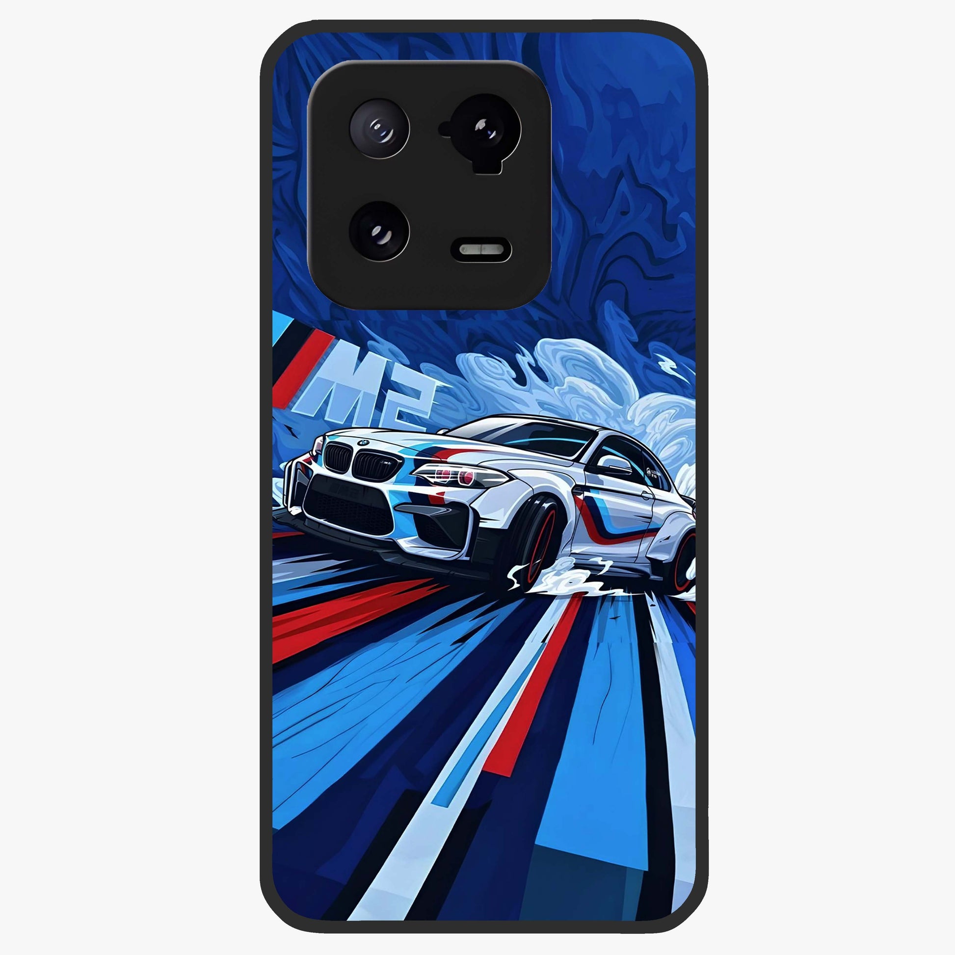 Drift Power Rush Glass Case showing flat back view with dynamic racing inspired artwork and glossy glass finish.