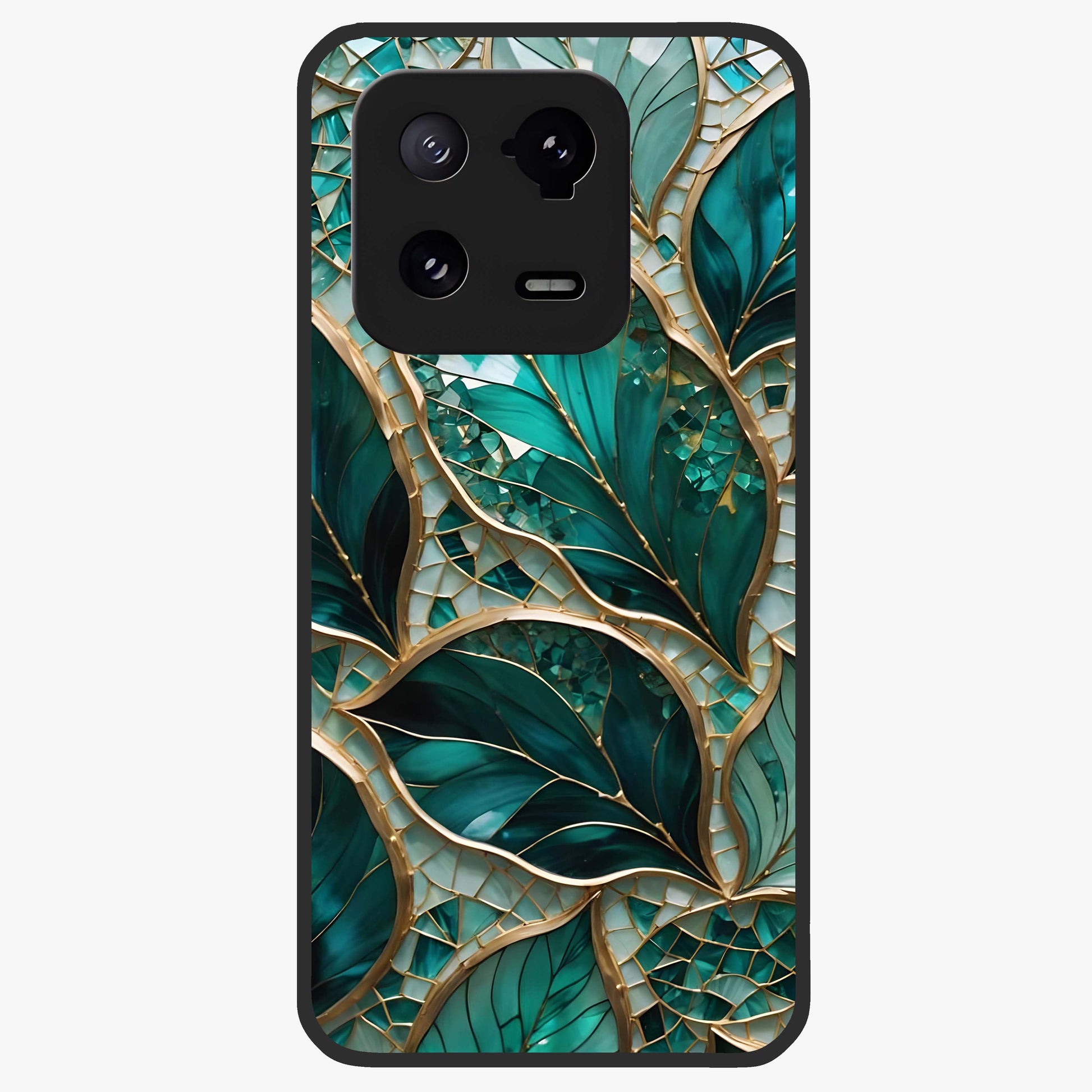 Emerald Leaf Glass Glass Case showing flat back view with emerald green leaf artwork and glossy glass finish.