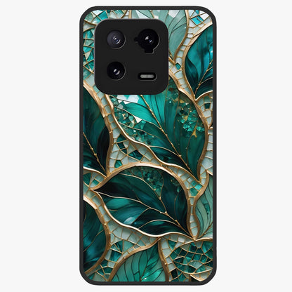 Emerald Leaf Glass Glass Case showing flat back view with emerald green leaf artwork and glossy glass finish.