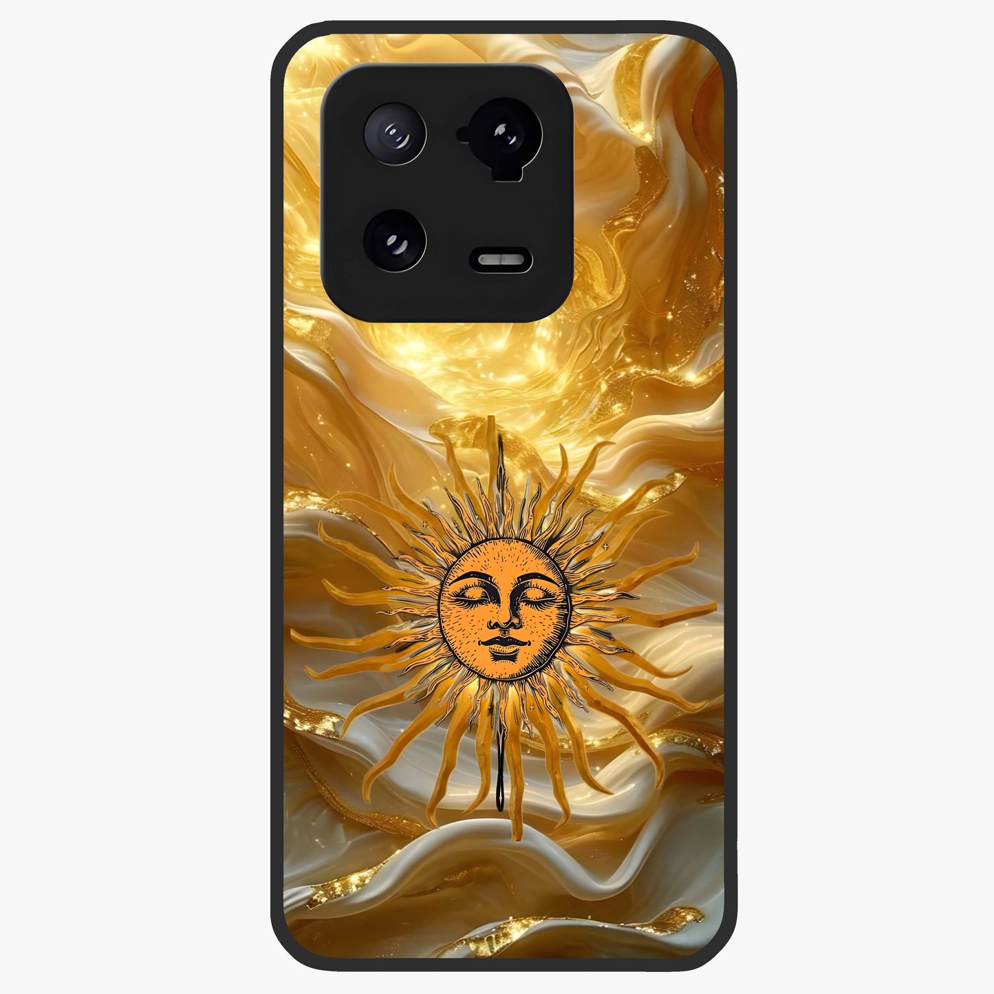 Eternal Golden Glow Glass Case showing flat back view with radiant golden themed artwork and glossy glass finish.