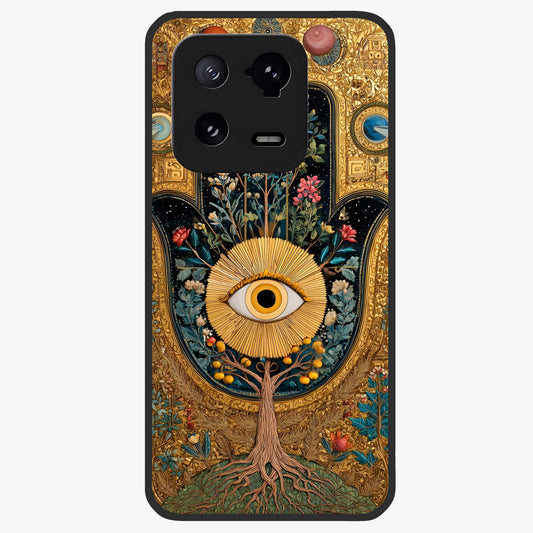 Ethereal Evil Eye Glass Case showing flat back view with mystical evil eye artwork and glossy glass finish.