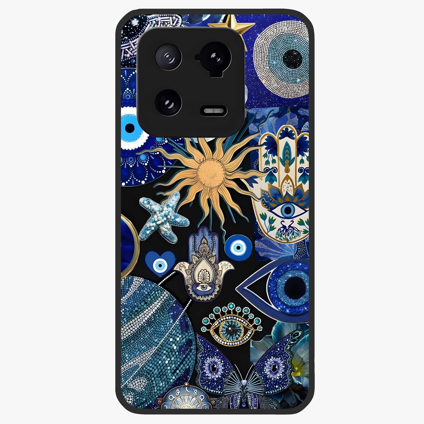 Evil Eye Charm Mix Glass Case showing flat back view with multiple evil eye charms artwork and glossy glass finish.