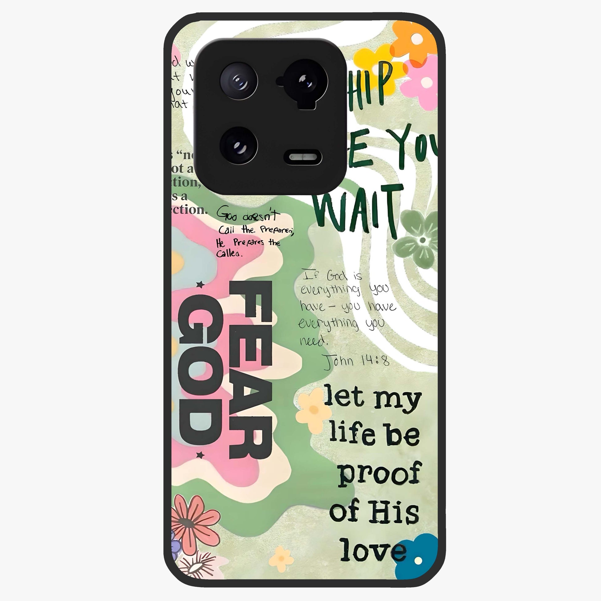 Faith Over Fear Glass Case showing flat back view with motivational typography artwork and glossy glass finish.
